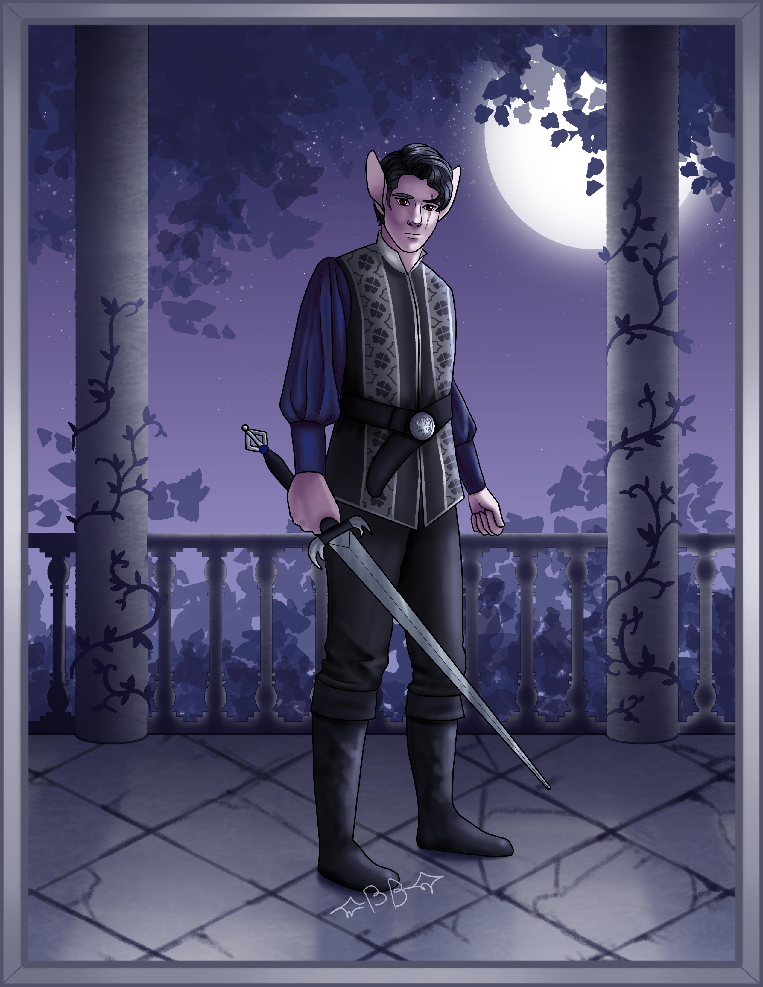 The regal, vampire Prince Erik standing with a sword in hand in the moonlight